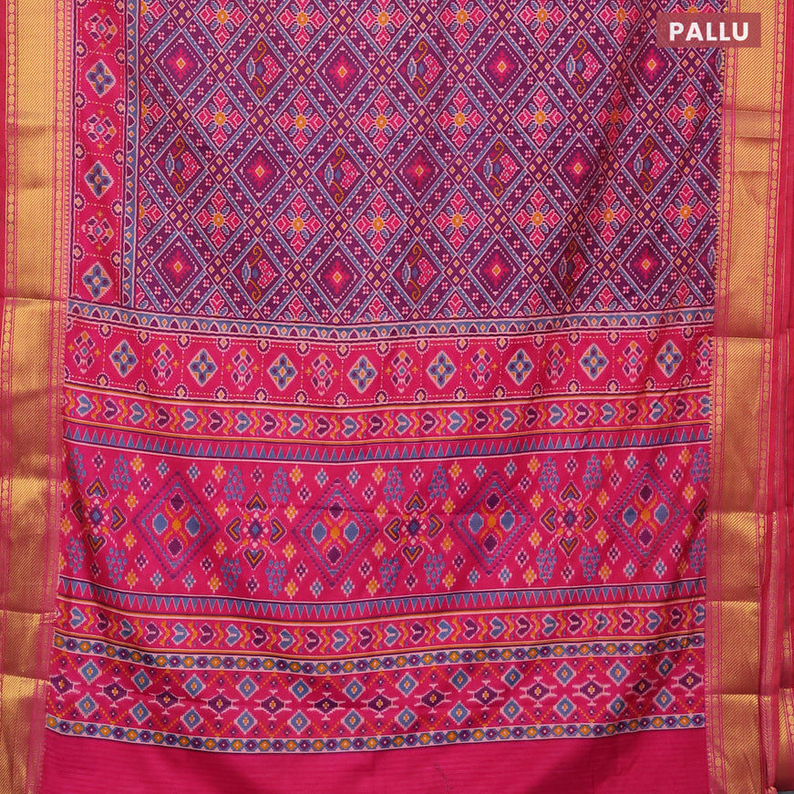 Semi tussar saree deep purple and pink with allover ikat prints and zari woven border