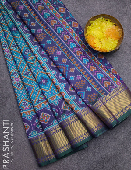 Semi tussar saree cs blue and dual shade of green with allover ikat prints and zari woven border