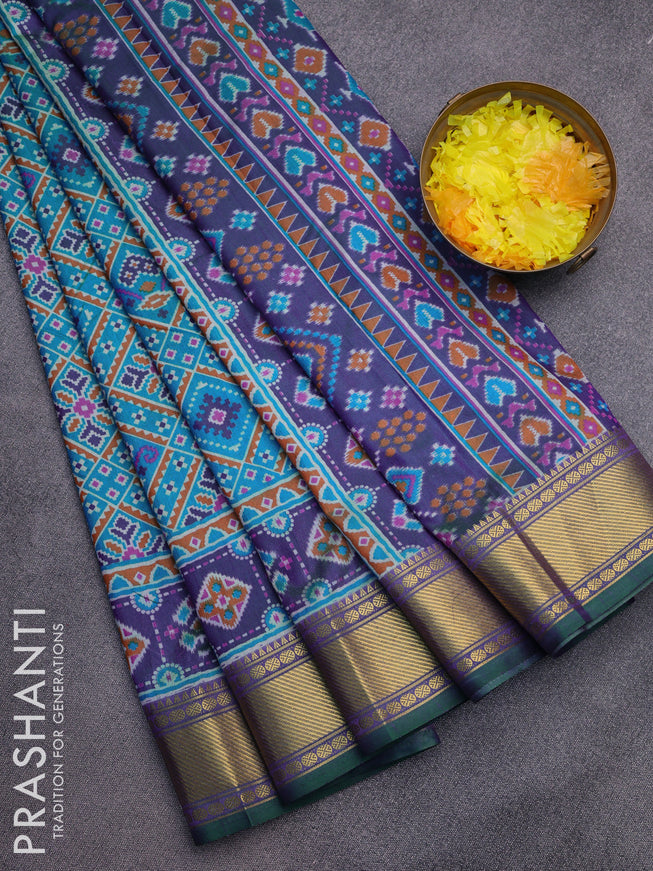 Semi tussar saree cs blue and dual shade of green with allover ikat prints and zari woven border