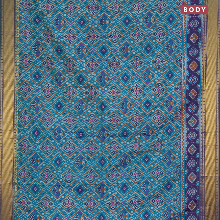 Semi tussar saree cs blue and dual shade of green with allover ikat prints and zari woven border