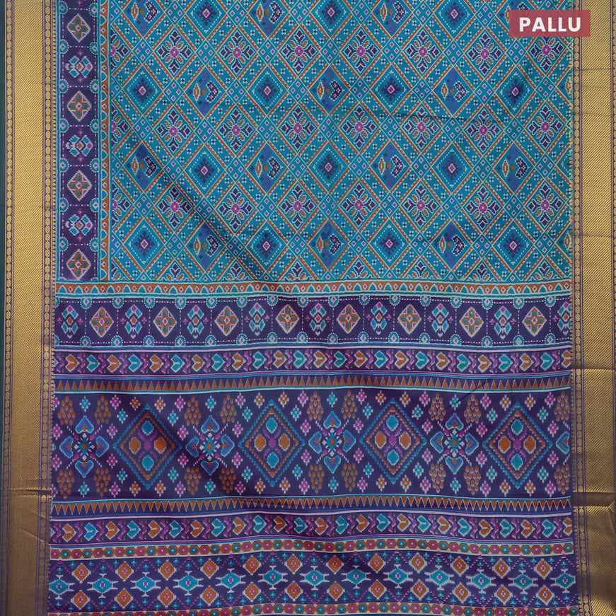 Semi tussar saree cs blue and dual shade of green with allover ikat prints and zari woven border