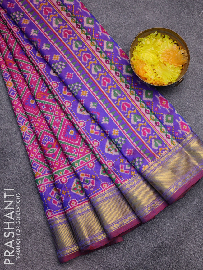 Semi tussar saree pink and dual shade of blue with allover ikat prints and zari woven border