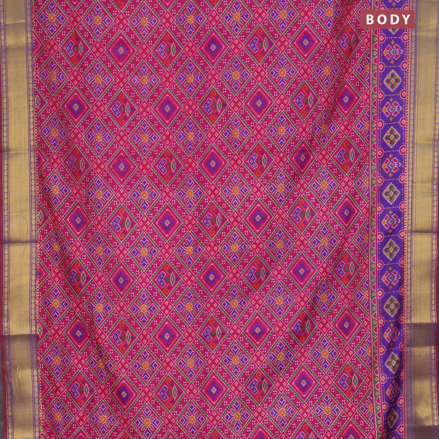 Semi tussar saree pink and dual shade of blue with allover ikat prints and zari woven border