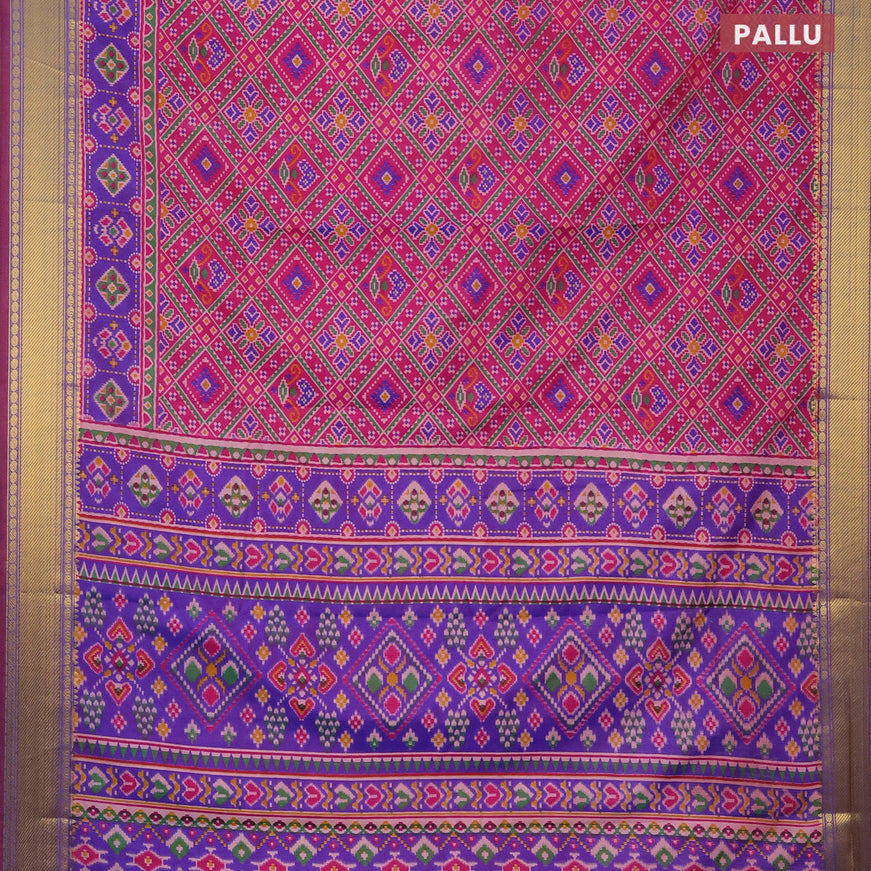 Semi tussar saree pink and dual shade of blue with allover ikat prints and zari woven border