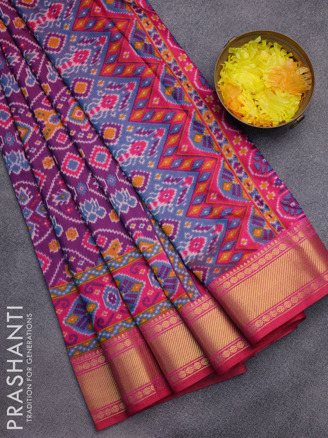 Semi tussar saree purple and pink with allover ikat prints and zari woven border