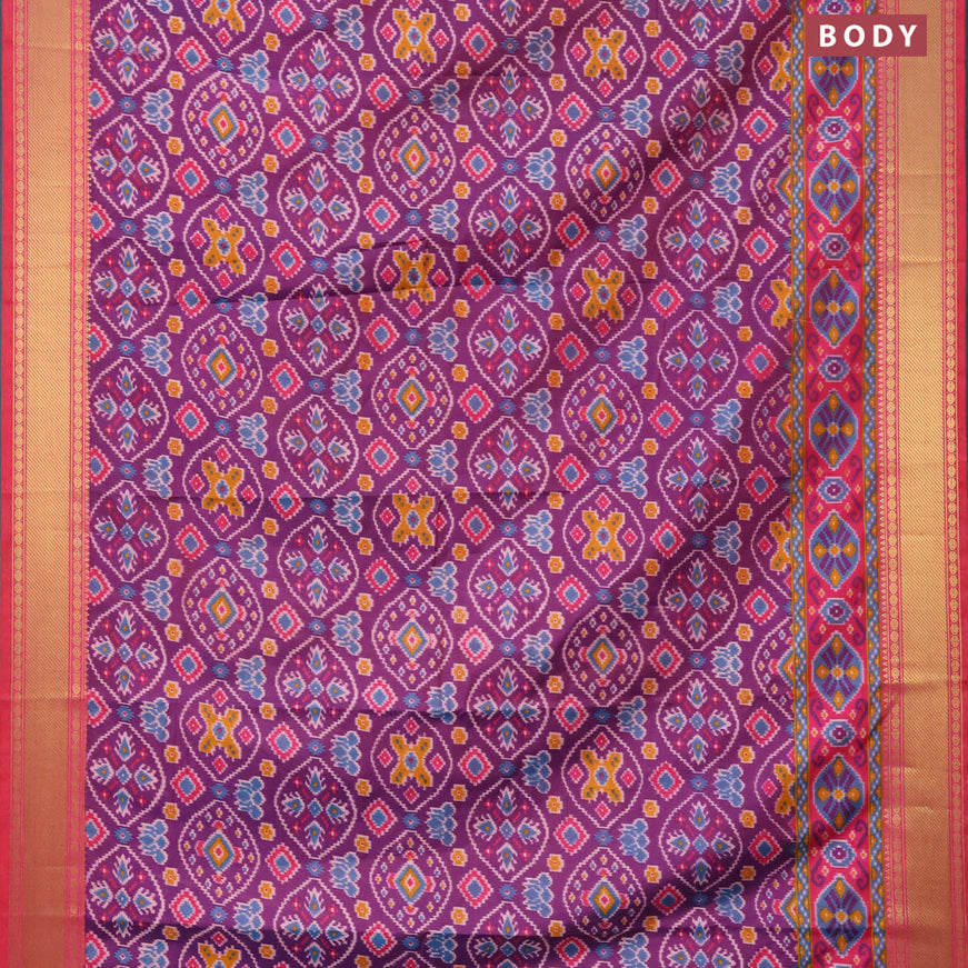 Semi tussar saree purple and pink with allover ikat prints and zari woven border