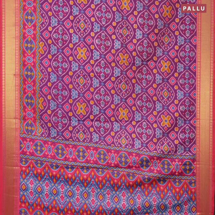 Semi tussar saree purple and pink with allover ikat prints and zari woven border