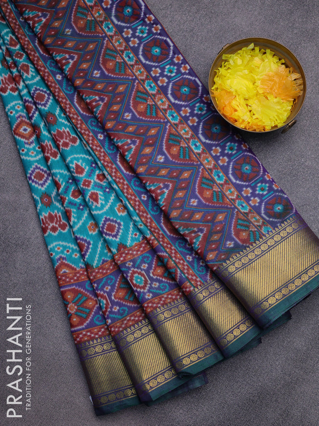 Semi tussar saree teal green and dual shade of blue with allover ikat prints and zari woven border