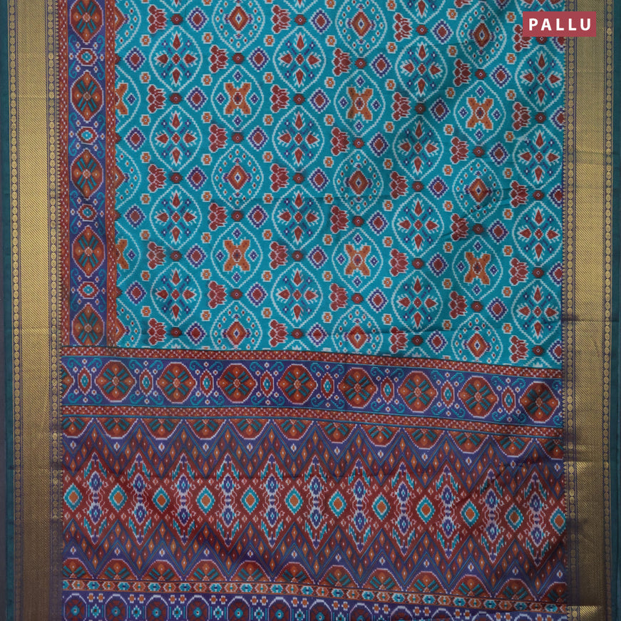 Semi tussar saree teal green and dual shade of blue with allover ikat prints and zari woven border