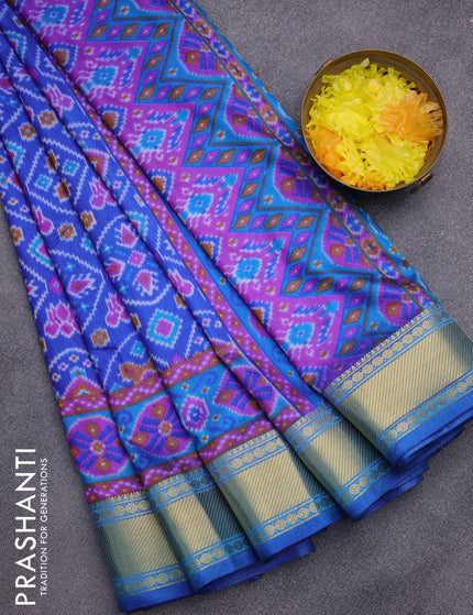 Semi tussar saree blue and dual shade of blue with allover ikat prints and zari woven border