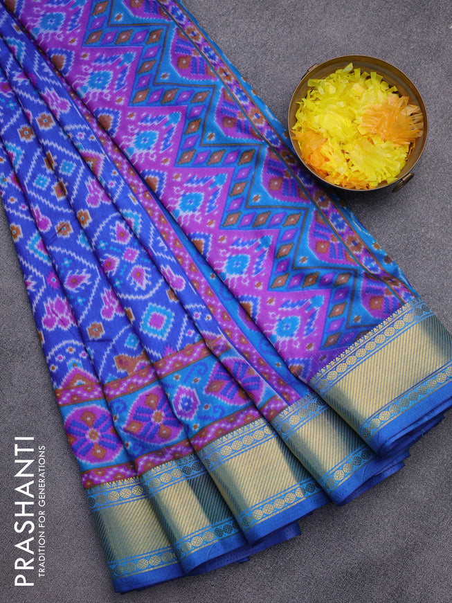 Semi tussar saree blue and dual shade of blue with allover ikat prints and zari woven border