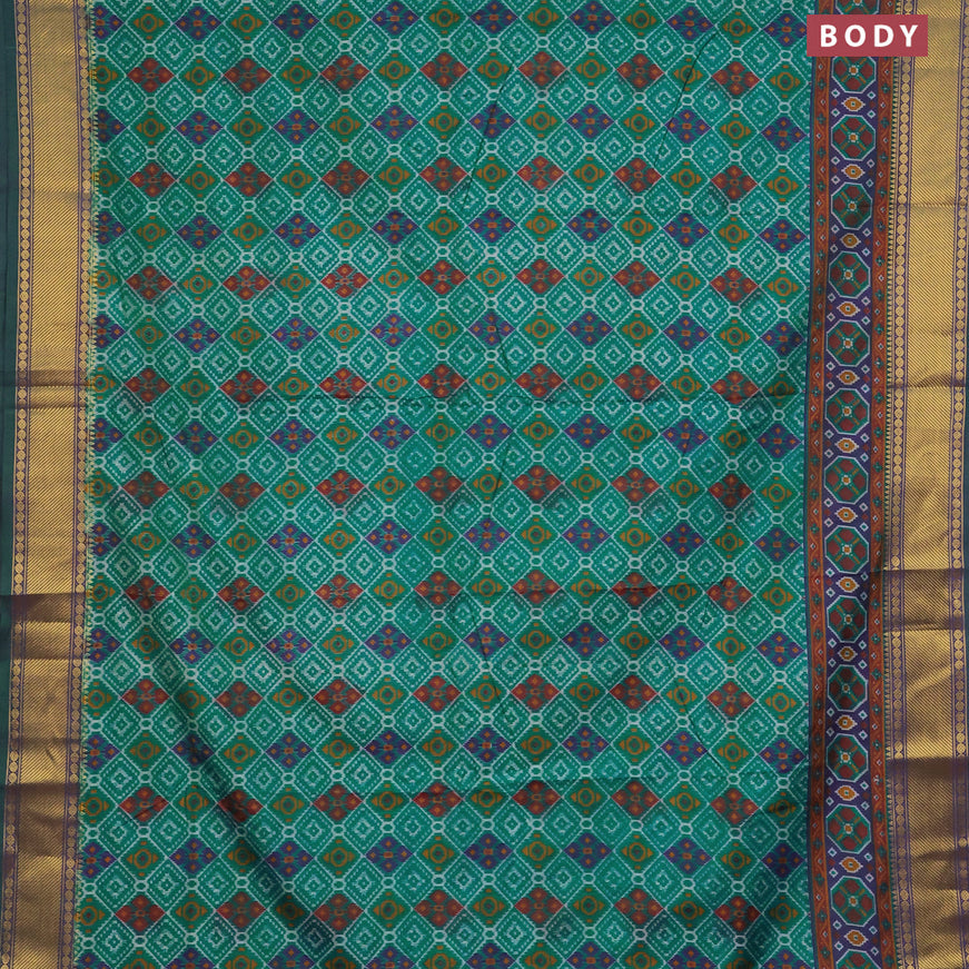 Semi tussar saree teal green and dual shade of blue with allover ikat prints and zari woven border