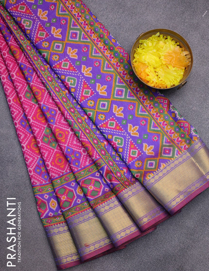 Semi tussar saree pink and dual shade of blue with allover ikat prints and zari woven border