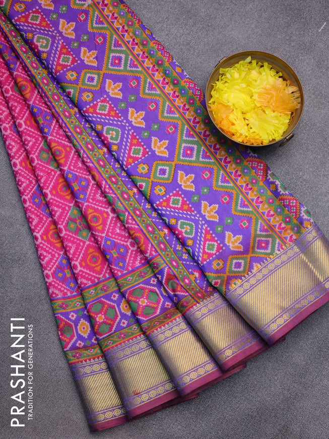 Semi tussar saree pink and dual shade of blue with allover ikat prints and zari woven border