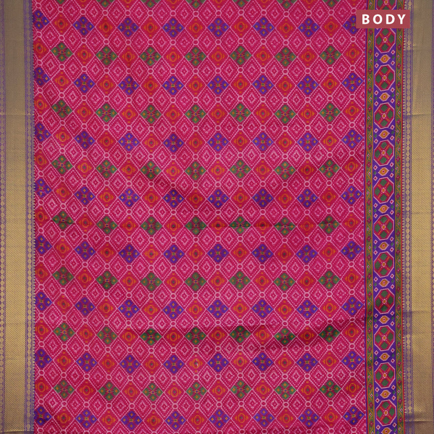 Semi tussar saree pink and dual shade of blue with allover ikat prints and zari woven border