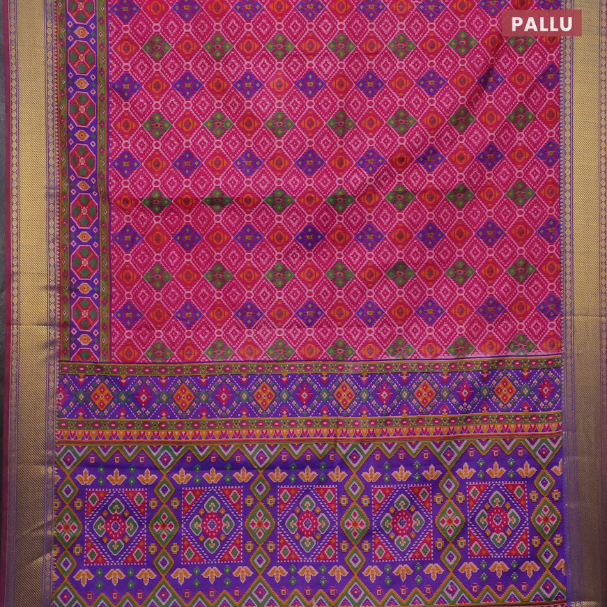 Semi tussar saree pink and dual shade of blue with allover ikat prints and zari woven border