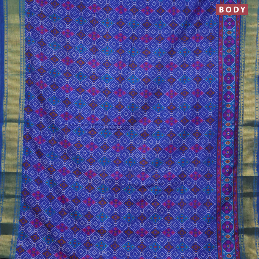 Semi tussar saree blue and cs blue with allover ikat prints and zari woven border