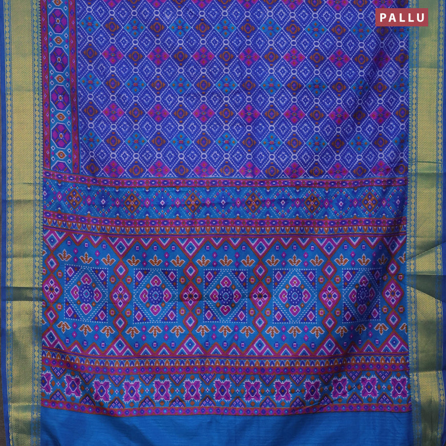 Semi tussar saree blue and cs blue with allover ikat prints and zari woven border