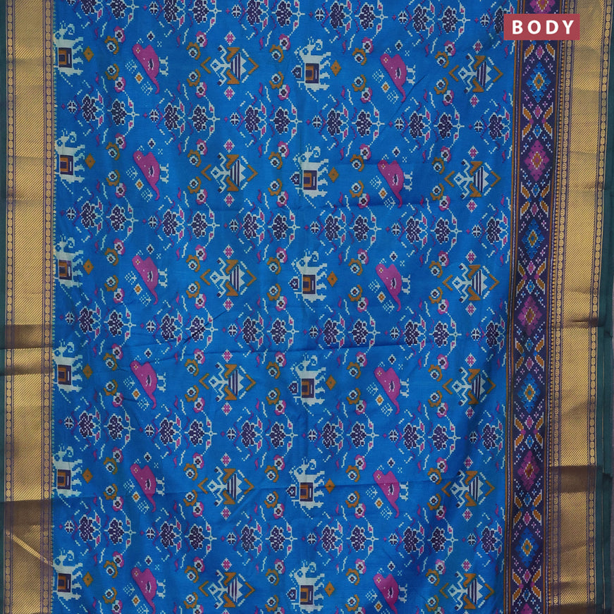 Semi tussar saree cs blue and dual shade of bluish green with allover ikat prints and zari woven border