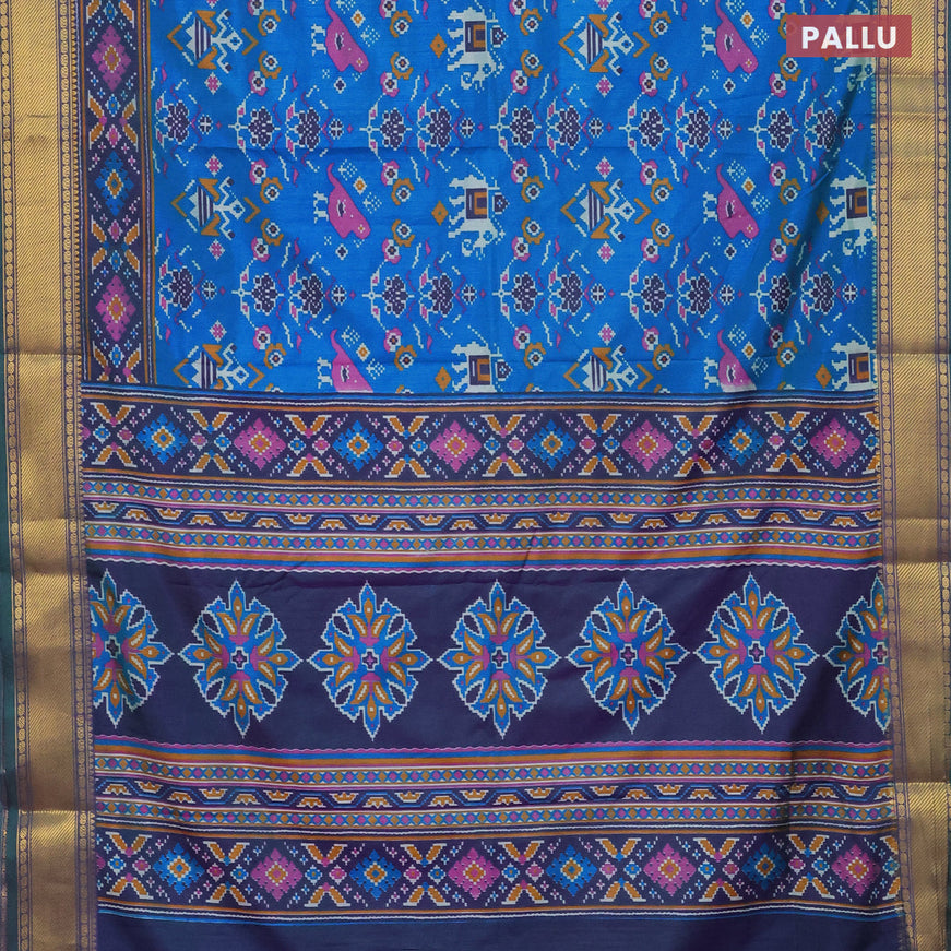 Semi tussar saree cs blue and dual shade of bluish green with allover ikat prints and zari woven border