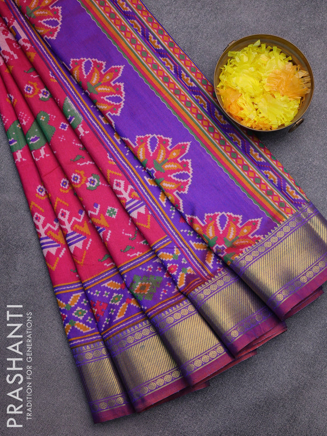 Semi tussar saree pink and dual shade of blue with allover ikat prints and zari woven border