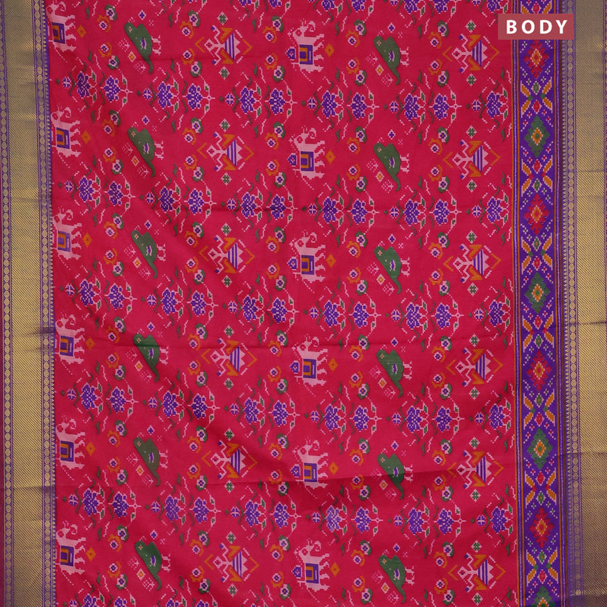 Semi tussar saree pink and dual shade of blue with allover ikat prints and zari woven border