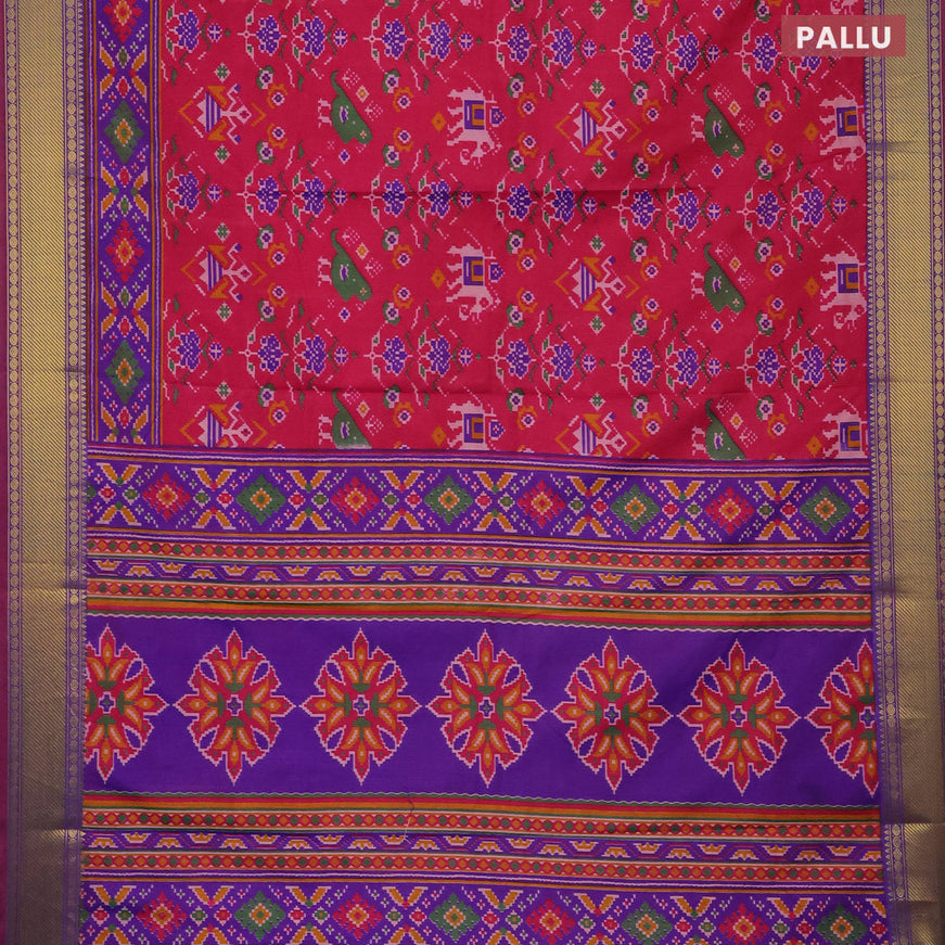 Semi tussar saree pink and dual shade of blue with allover ikat prints and zari woven border