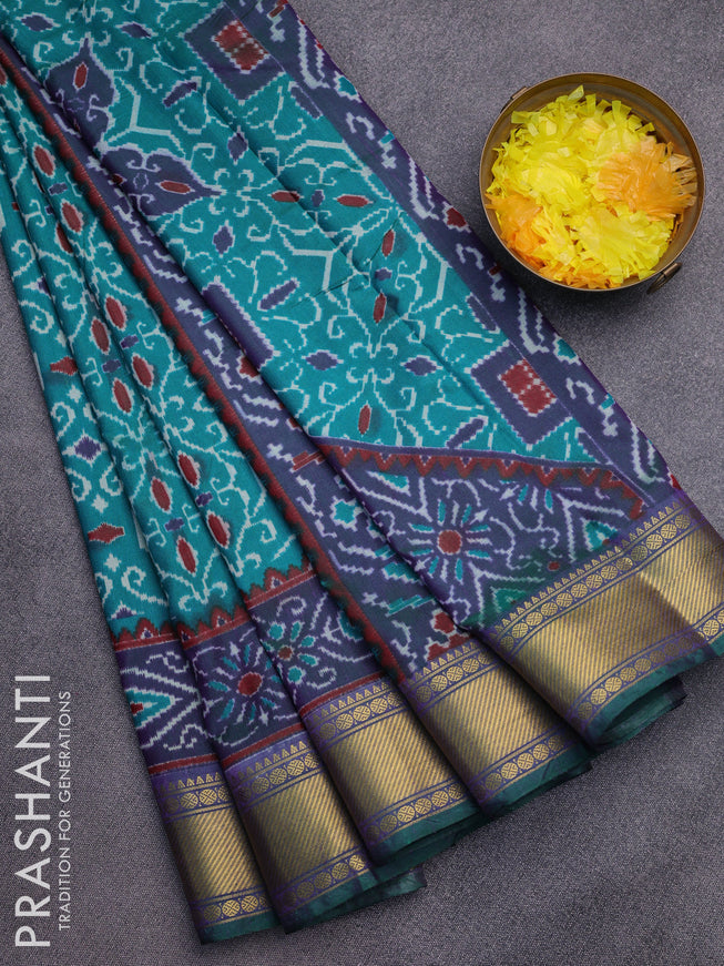 Semi tussar saree teal green and dual shade of bluish green with allover ikat prints and zari woven border