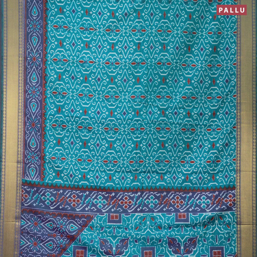 Semi tussar saree teal green and dual shade of bluish green with allover ikat prints and zari woven border