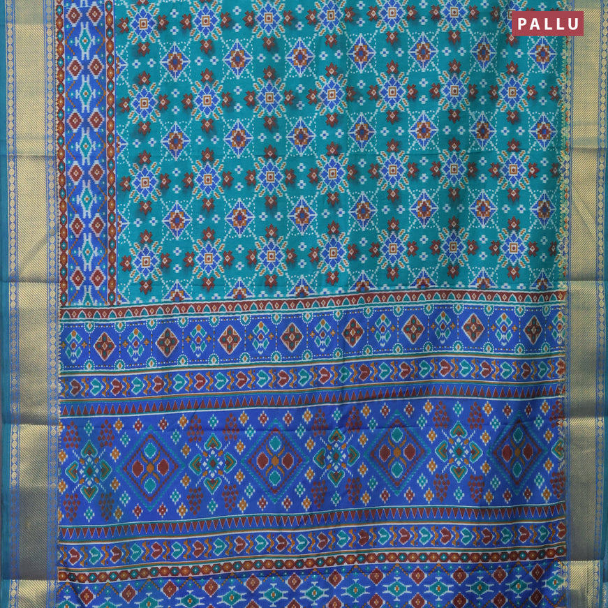 Semi tussar saree teal green and dual shade of blue with allover ikat prints and zari woven border