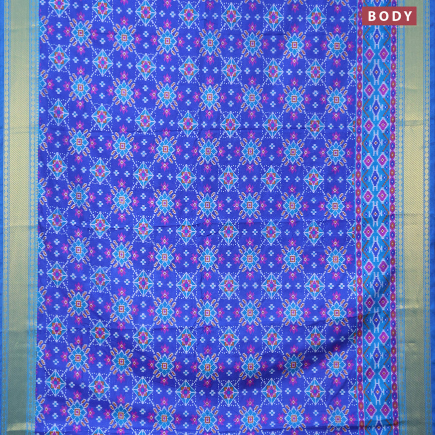 Semi tussar saree blue and cs blue with allover ikat prints and zari woven border