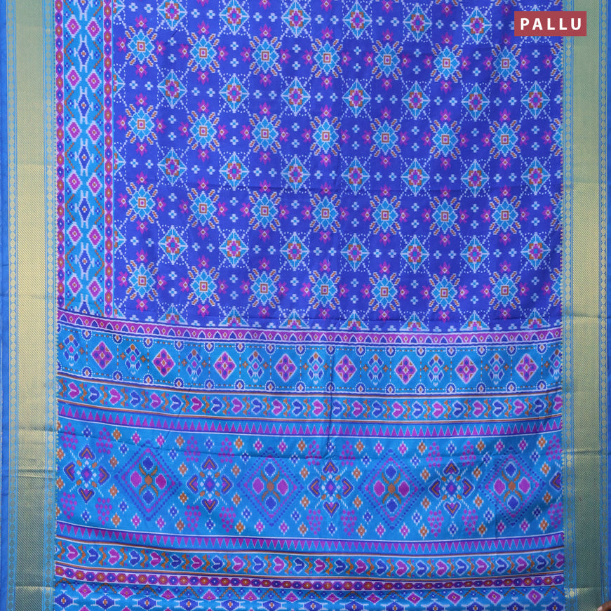 Semi tussar saree blue and cs blue with allover ikat prints and zari woven border