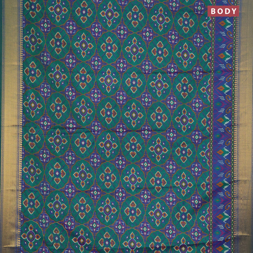 Semi tussar saree teal green and dual shade of blue with allover ikat prints and zari woven border