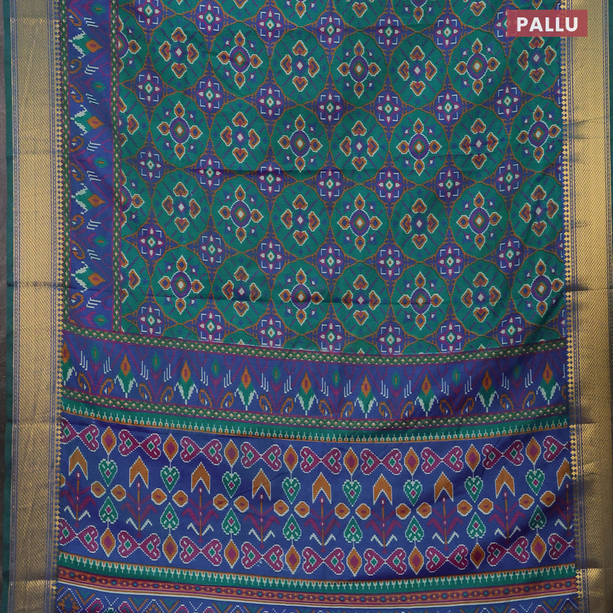 Semi tussar saree teal green and dual shade of blue with allover ikat prints and zari woven border