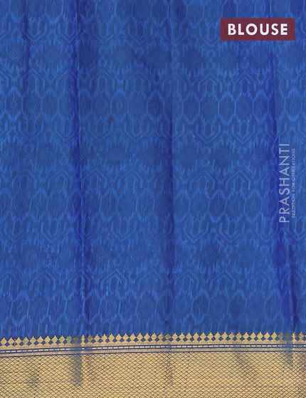 Semi tussar saree teal green and dual shade of blue with allover ikat prints and zari woven border