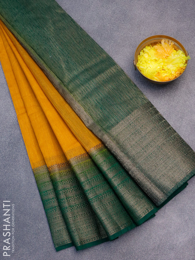 Banarasi semi matka saree mustard yellow and green with plain body and long antique zari border