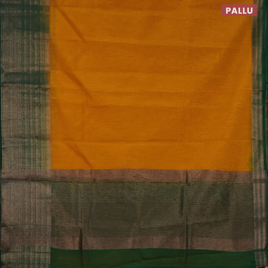 Banarasi semi matka saree mustard yellow and green with plain body and long antique zari border