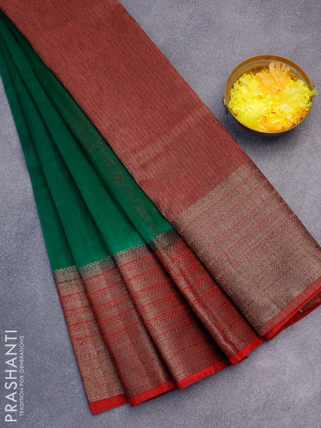 Banarasi semi matka saree green and kumkum red with plain body and long antique zari border