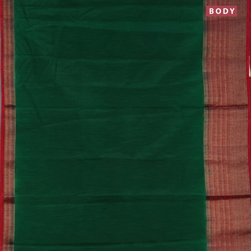 Banarasi semi matka saree green and kumkum red with plain body and long antique zari border