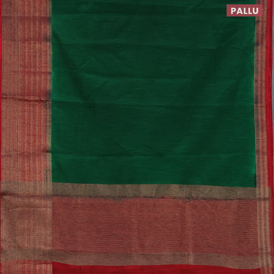 Banarasi semi matka saree green and kumkum red with plain body and long antique zari border