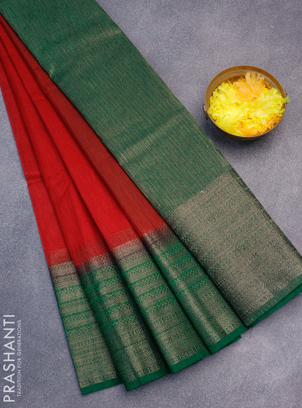 Banarasi semi matka saree kumkum red and green with plain body and long antique zari border