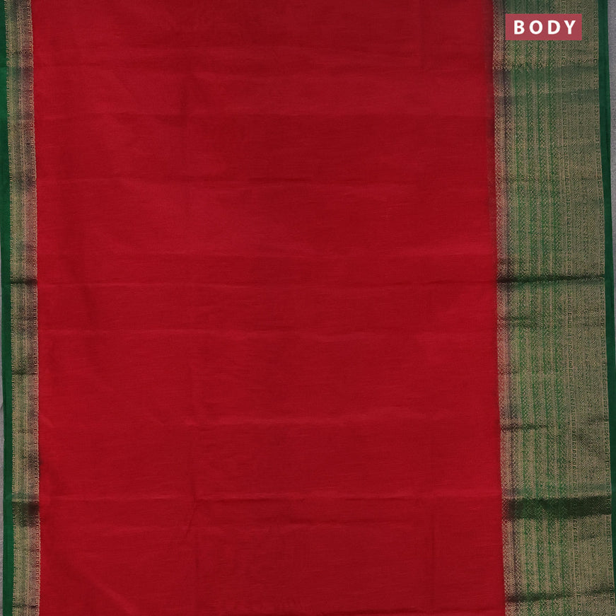 Banarasi semi matka saree kumkum red and green with plain body and long antique zari border