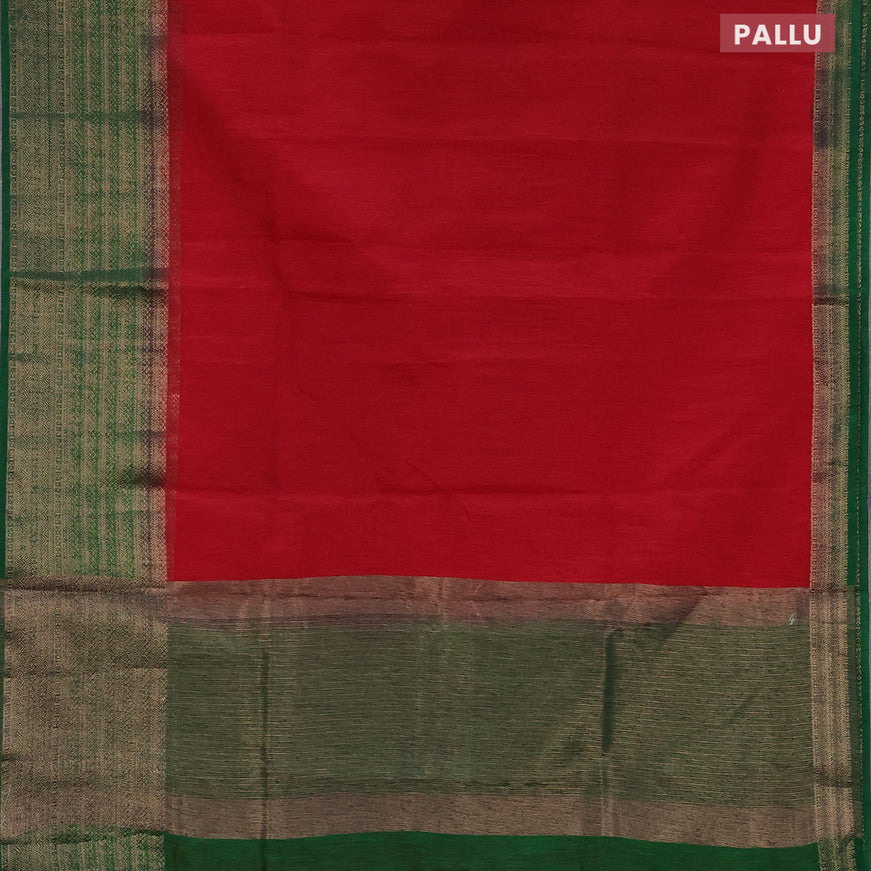 Banarasi semi matka saree kumkum red and green with plain body and long antique zari border