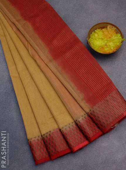 Banarasi semi matka saree sandal and red with plain body and antique zari border