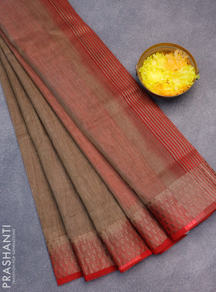 Banarasi semi matka saree chikku shade and red with plain body and antique zari border