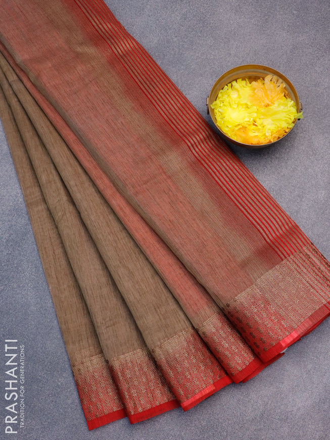 Banarasi semi matka saree chikku shade and red with plain body and antique zari border