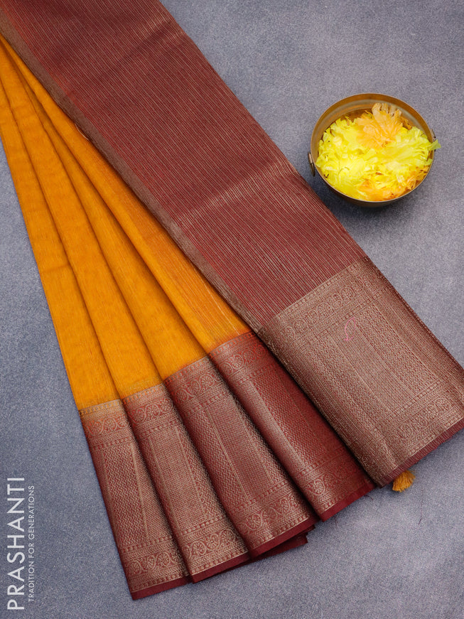 Banarasi semi matka saree mango yellow and dark magenta pink with plain body and antique zari border