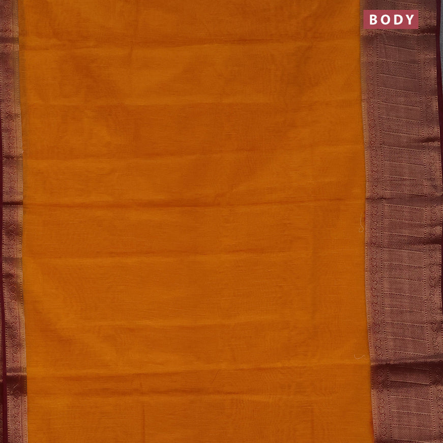 Banarasi semi matka saree mango yellow and dark magenta pink with plain body and antique zari border