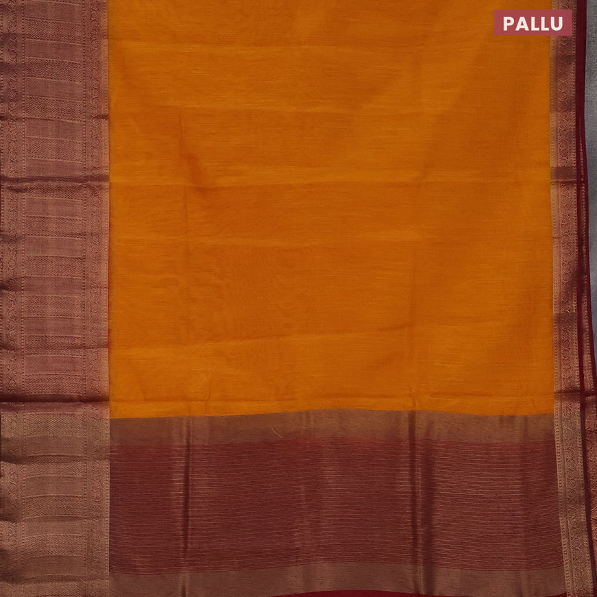 Banarasi semi matka saree mango yellow and dark magenta pink with plain body and antique zari border