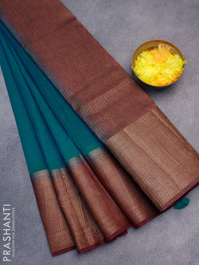 Banarasi semi matka saree cs blue and wine shade with plain body and antique zari border